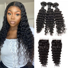 Load image into Gallery viewer, 3 Bundles With Closure Deep Wave Virgin Hair