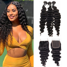 Load image into Gallery viewer, Loose Deep Virgin Hair 3 Bundles With 4x4 Closure