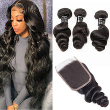 Load image into Gallery viewer, Loose Wave Virgin Hair 3 Bundles With 4x4 Lace Closure