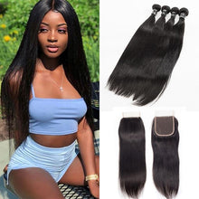 Load image into Gallery viewer, Straight Virgin Hair 4 Bundles With 4x4 Closure