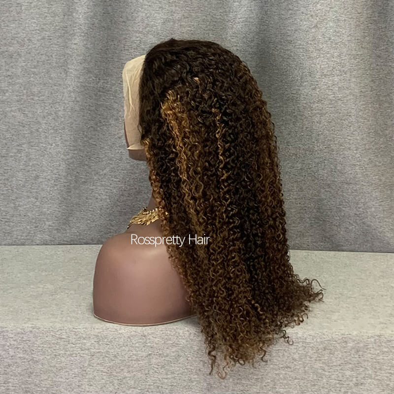 Kinky Curly Highlight P4/27 Color 13x4 Lace Front Wig Honey Blonde Human Hair 22Inch