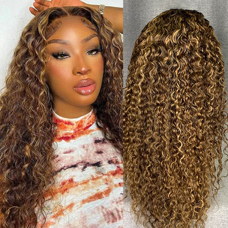 Honey Blonde Highlight Wig Jerry Curly Hair P4/27 13x4 Frontal Wig