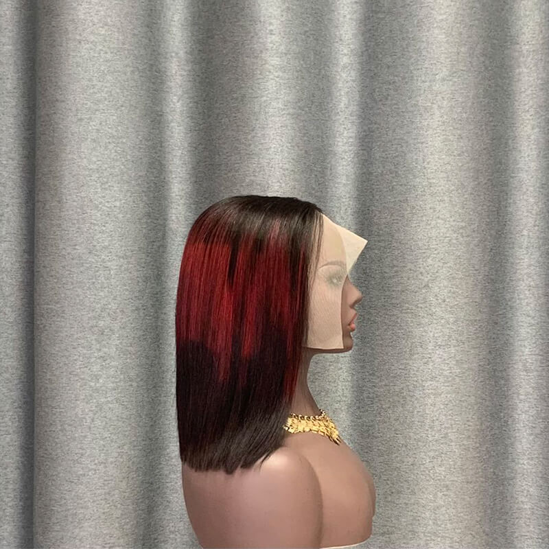 3T Ombre Burgundy Bob Wig T Part Lace Straight Human Hair