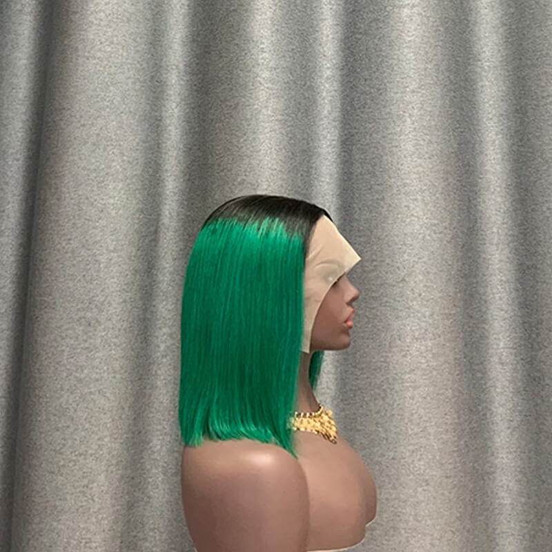 Ombre Green Bob Wig T Part Lace Straight Human Hair