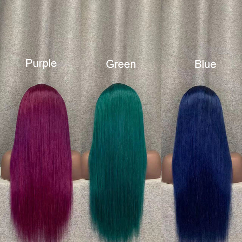 Purple/ Blue/ Green Human Hair Straight 13x4 Lace Front Wig