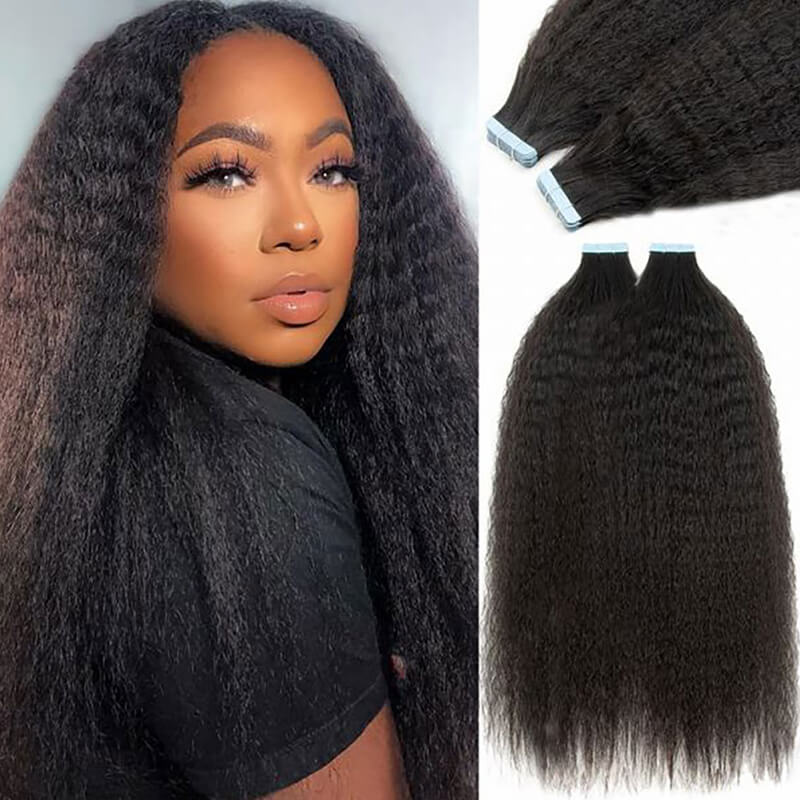 #1b Kinky Straight Tape In Human Hair Extensions