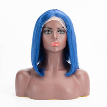 Load image into Gallery viewer, T Lace Bob Straight Blue Color Middle Part Wig Human Hair Wig
