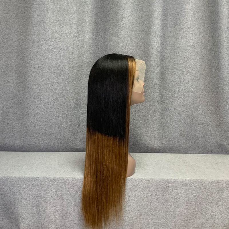 #1b-30 Ombre With #30 Highlights Skunk Stripe Straight Lace Front Wig