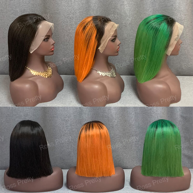 #1b-Green Ombre Hair 13x4 Lace Front Bob Wig Straight 10 Inch